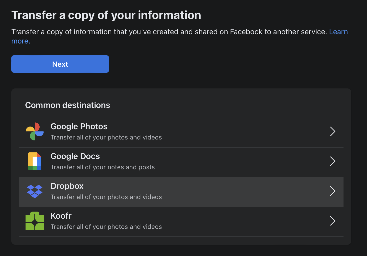 Transfer copy to Google Photos Docs Dropbox